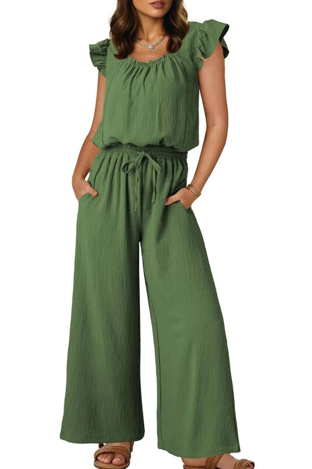 Ruffled Cap Sleeve Wide Leg Jumpsuit - Ladyez