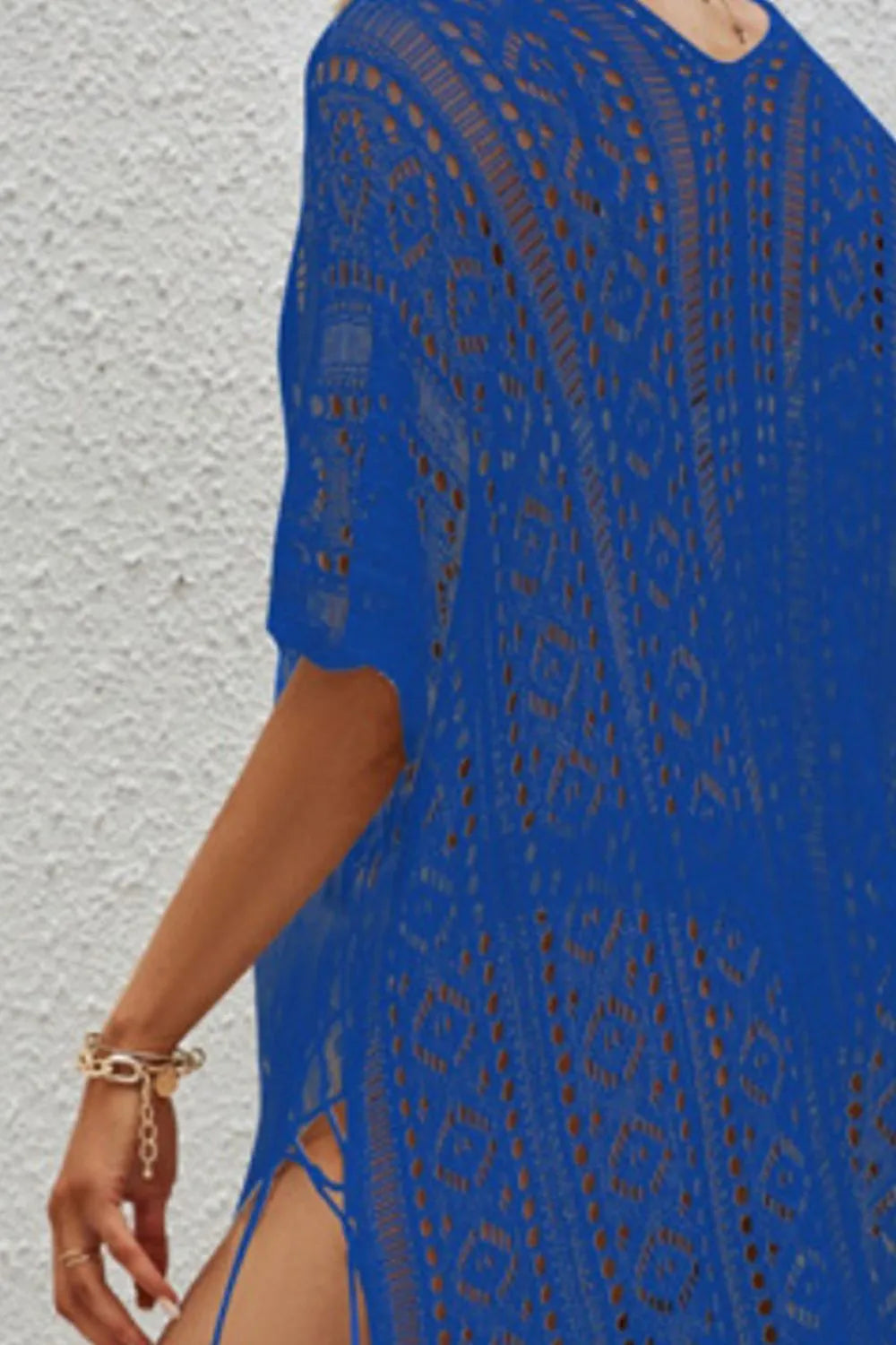 Openwork V-Neck Short Sleeve Cover Up - Ladyez