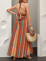 Striped Halter Maxi Dress with Cutout Detail - Ladyez