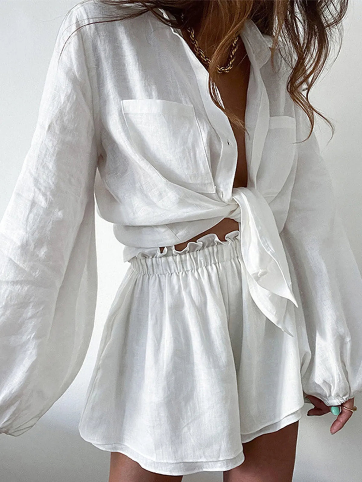 Full Size Button Up Balloon Sleeve Top and Shorts Set Plus Size - Ladyez