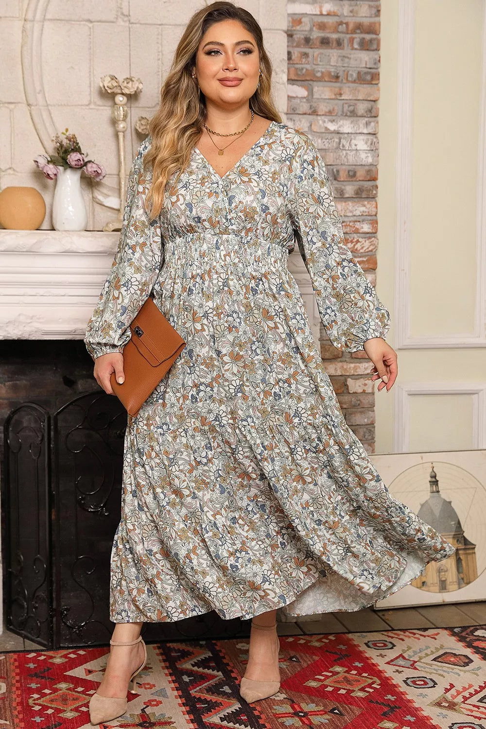 Plus Size Printed Balloon Sleeve Ruffle Hem Dress - Ladyez
