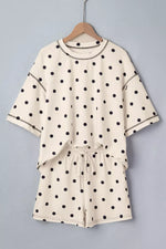 Exposed Seam Detail Polka Dot Loose Tee Drawstring Shorts Set