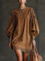 Fringe Detail Lantern Sleeve Mini Dress
