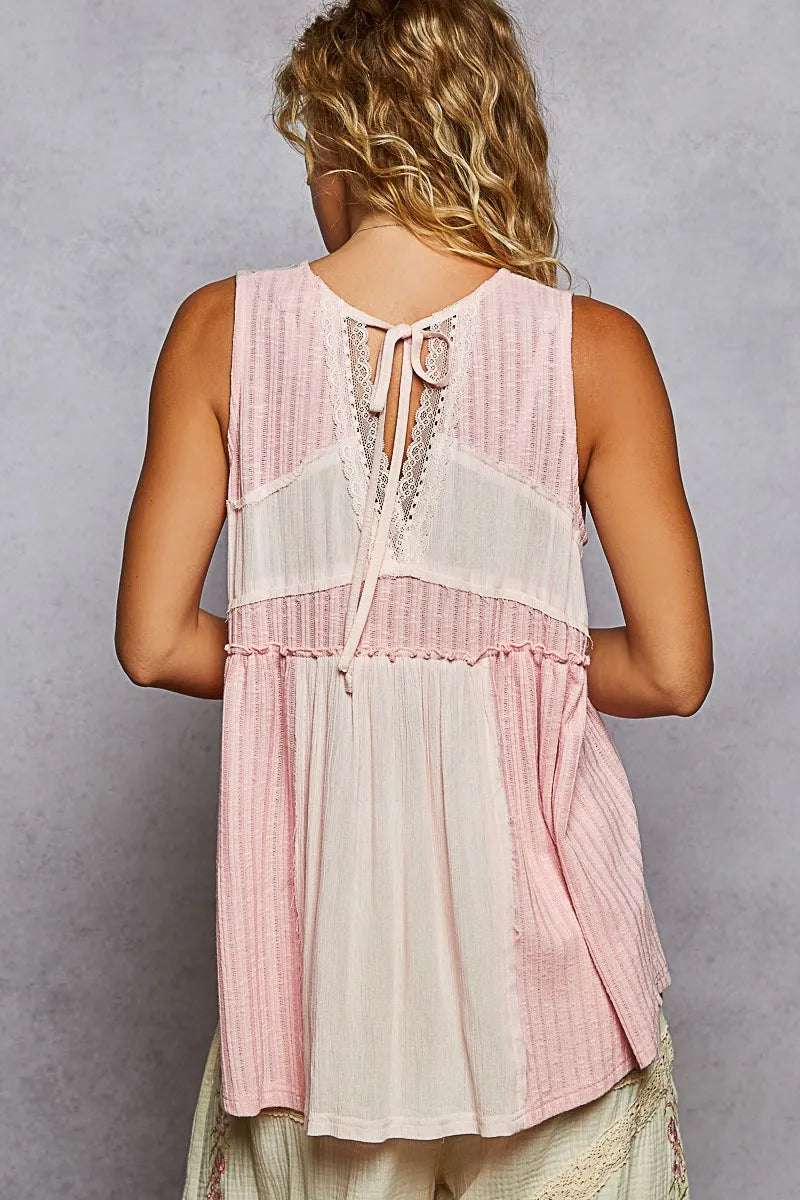 POL Lace Trim Two-Tone Tank with Pintuck Detail - Ladyez
