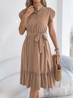 Tie Waist Ruffled Cap Sleeve Dress