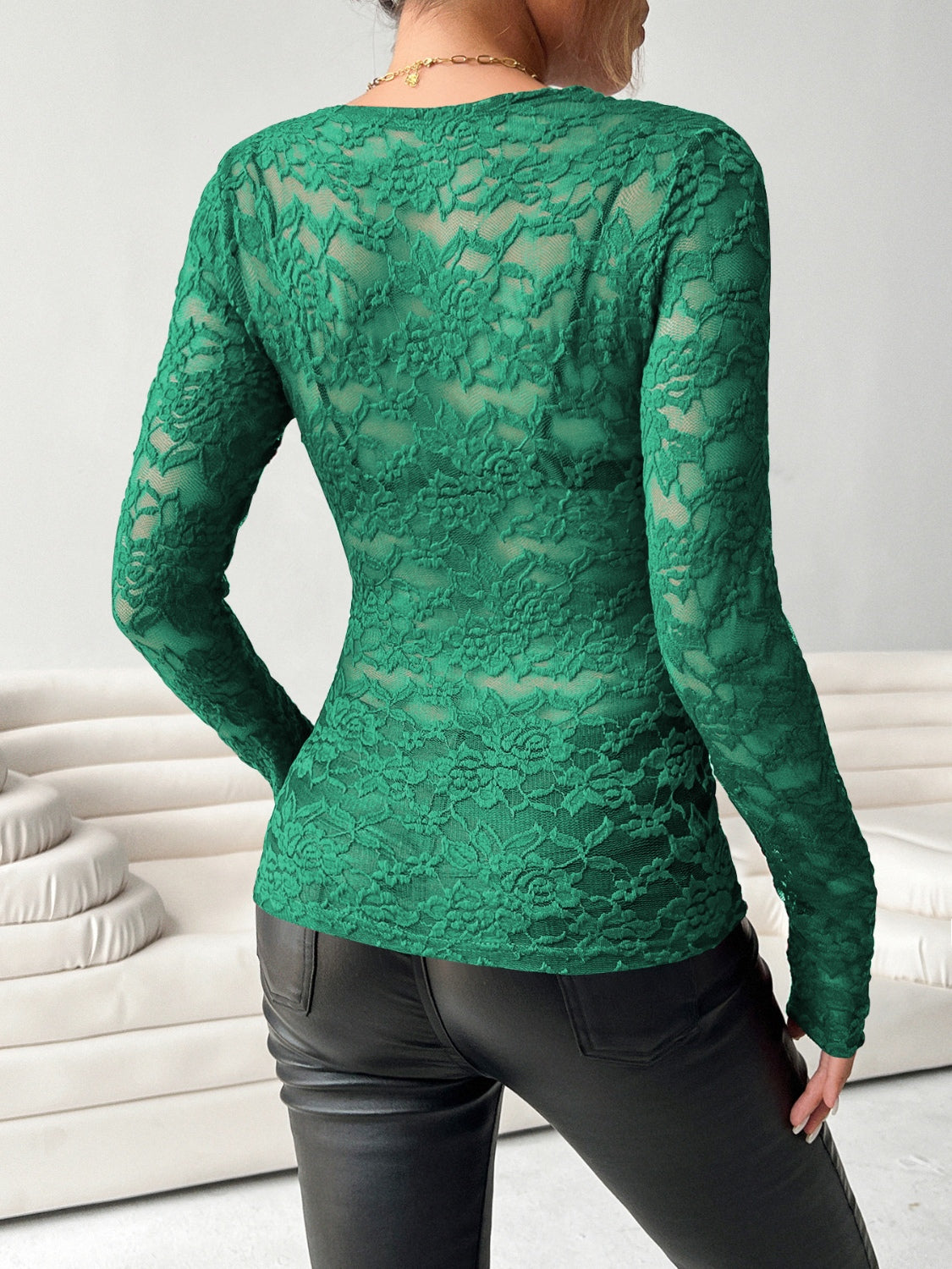 V-Neck Long Sleeve Lace Top - Ladyez