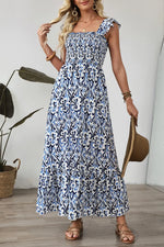 Smocked Printed Square Neck Dress