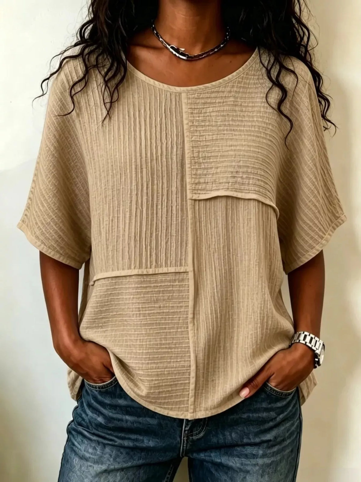 Full Size Texture Round Neck Half Sleeve Blouse Plus Size