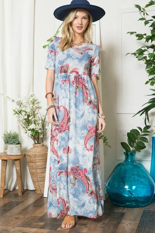 Celeste Full Size Paisley Print Short Sleeve Maxi Dress with Pockets Plus Size - Ladyez