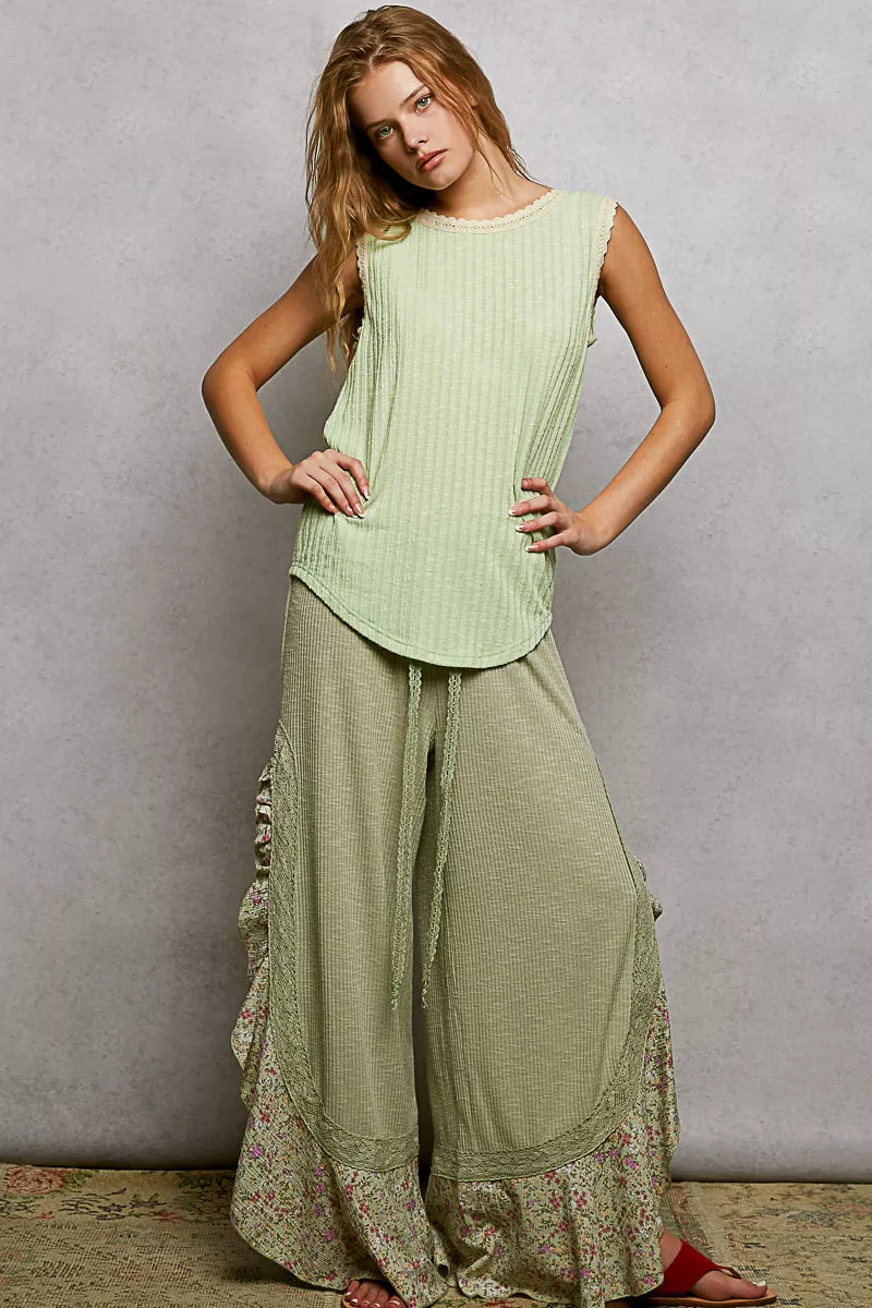 POL Ribbed Round Neck Tank with Lace Trim