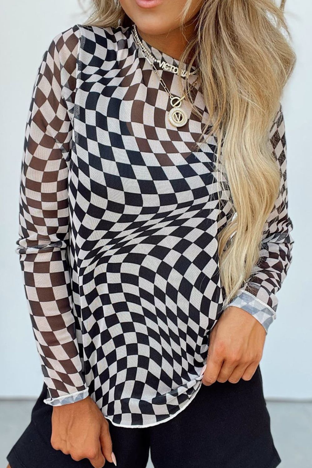 Checkered Mock Neck Long Sleeve Blouse - Ladyez