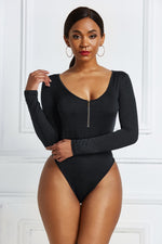 Half Zip Scoop Neck Long Sleeve Bodysuit - Ladyez