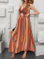 Striped Halter Maxi Dress with Cutout Detail - Ladyez