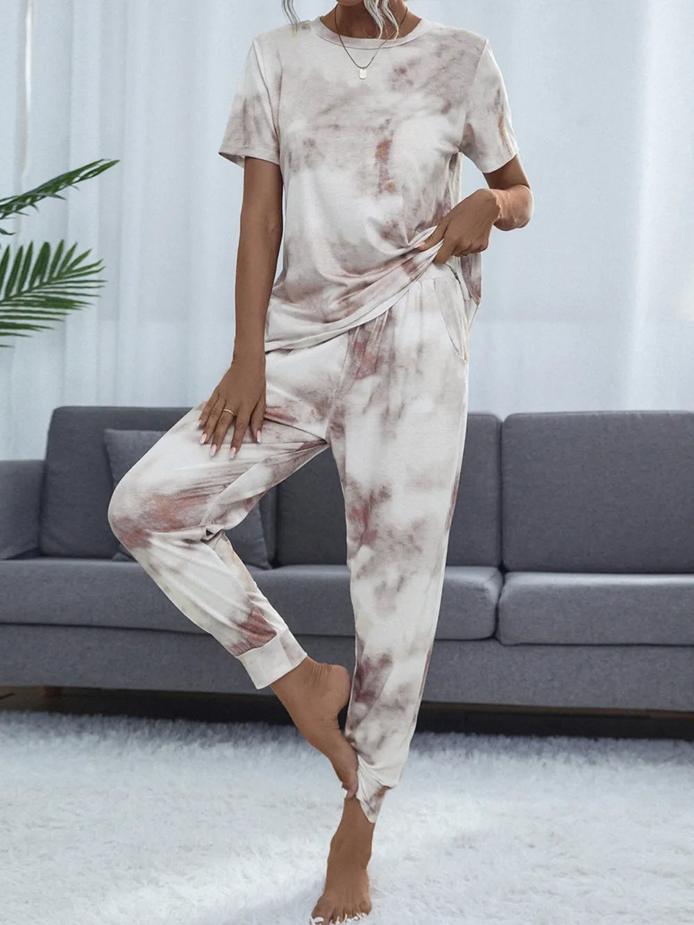 Shiny Tie-Dye Round Neck Short Sleeve Top and Pants Lounge Set - Ladyez