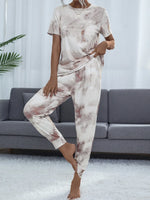 Shiny Tie-Dye Round Neck Short Sleeve Top and Pants Lounge Set - Ladyez