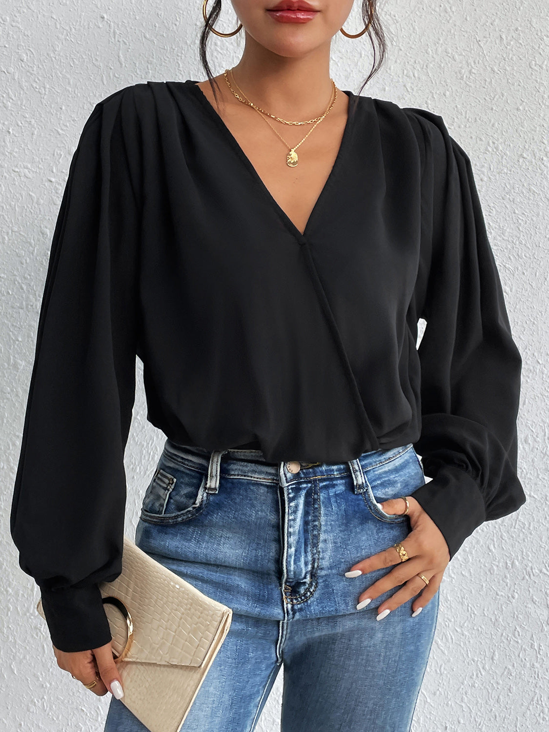Perfee Surplice Ruched Long Sleeve Bodysuit - Ladyez