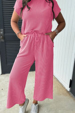 Corded Knit Short Sleeve T-Shirt and Wide Leg Pants Set