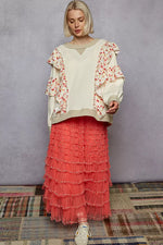 POL Round Neck Sweater with Floral Ruffle Detail