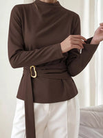 Mock Neck Blouse with Waist-Defining Metal Buckle Detail