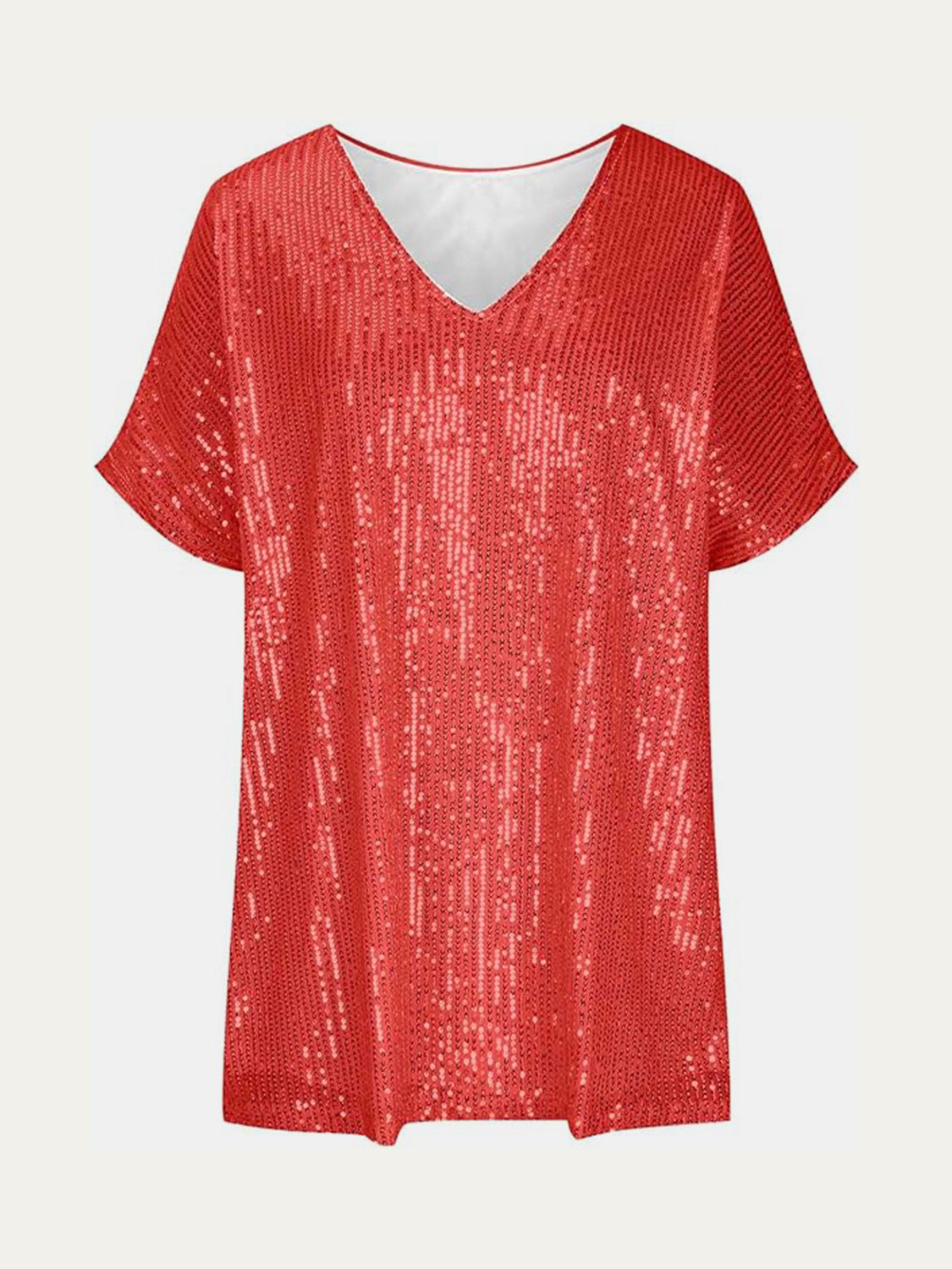 Full Size Sequin V-Neck Short Sleeve Top - Ladyez