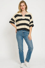 Zenana Split Neck Stripe Sweater