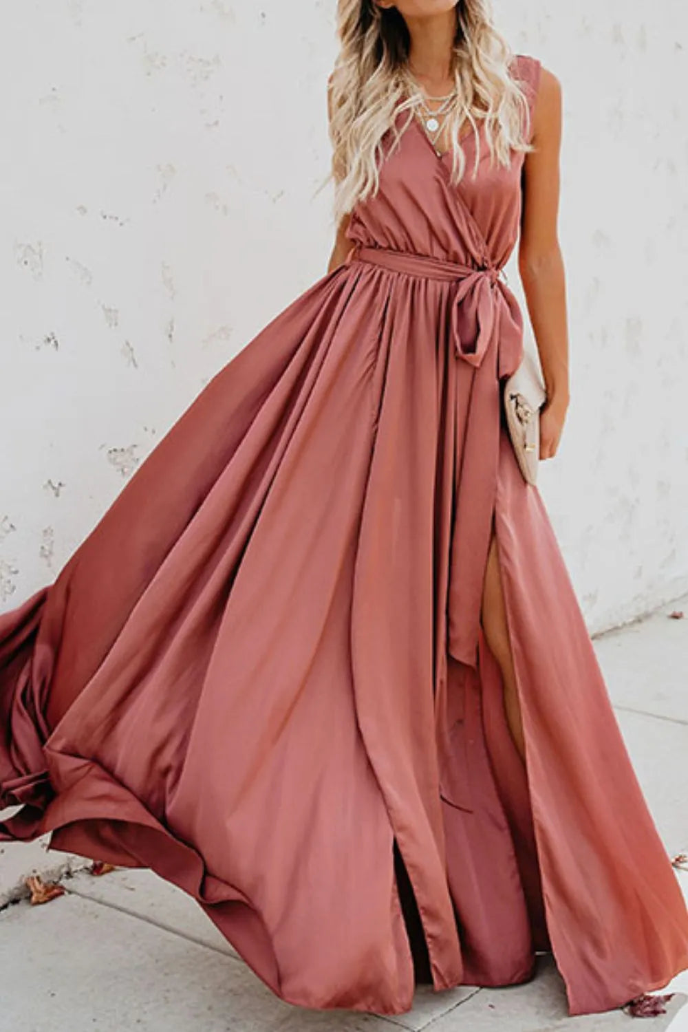 Surplice Tie Waist Maxi Dress - Ladyez