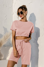 Short Sleeve Cropped Top and Drawstring Shorts Lounge Set - Ladyez