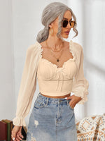 Mesh Sweetheart Neck Flounce Sleeve Top - Ladyez