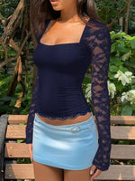 Sheer Lace Sleeve Square Neck T-Shirt