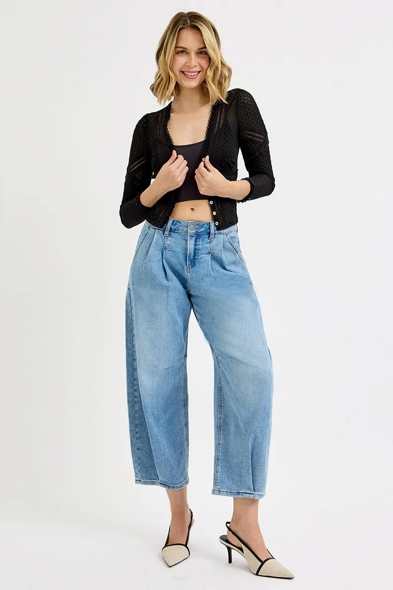 RISEN Full Size Mid Rise Fit Crop Wide Volume Leg Jeans Plus Size - Ladyez