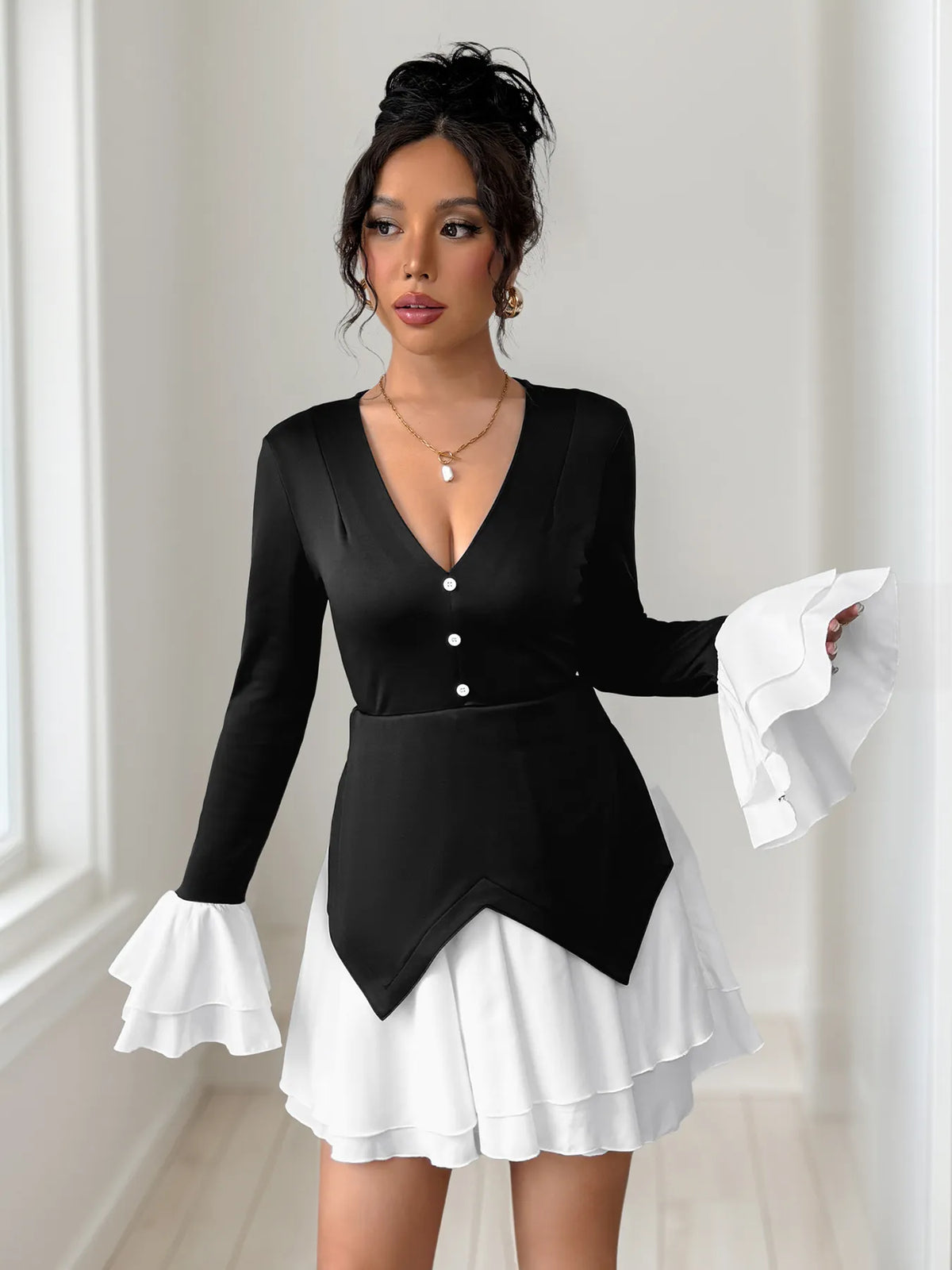 Two Tone V-Neck Long Sleeve Mini Dress