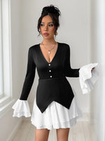 Two Tone V-Neck Long Sleeve Mini Dress