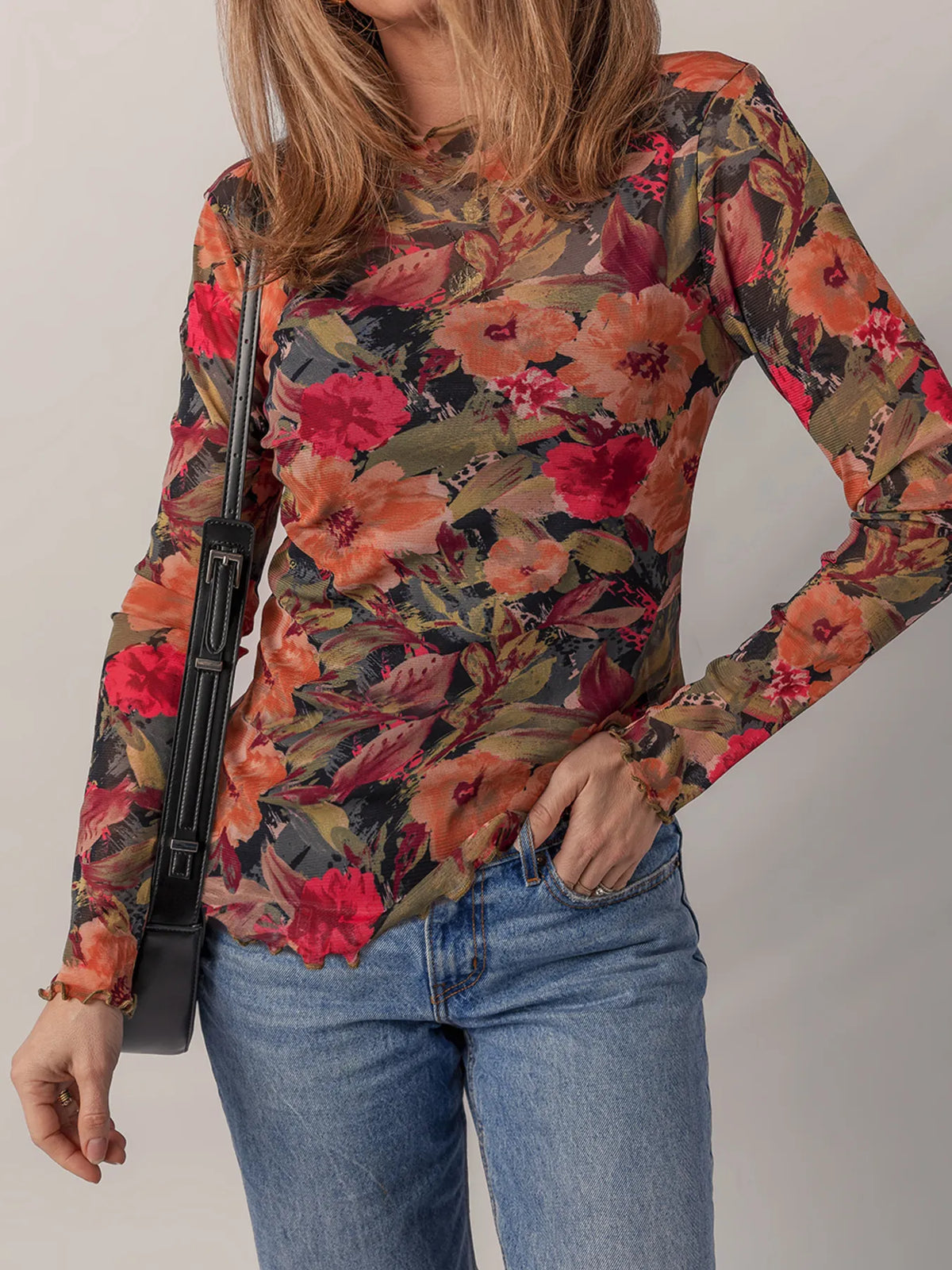 Multicolour Floral Print Lettuce Trim Long Sleeve Mesh Top - Ladyez