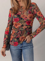 Multicolour Floral Print Lettuce Trim Long Sleeve Mesh Top - Ladyez