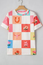 Checker Print Round Neck Short Sleeve T-Shirt