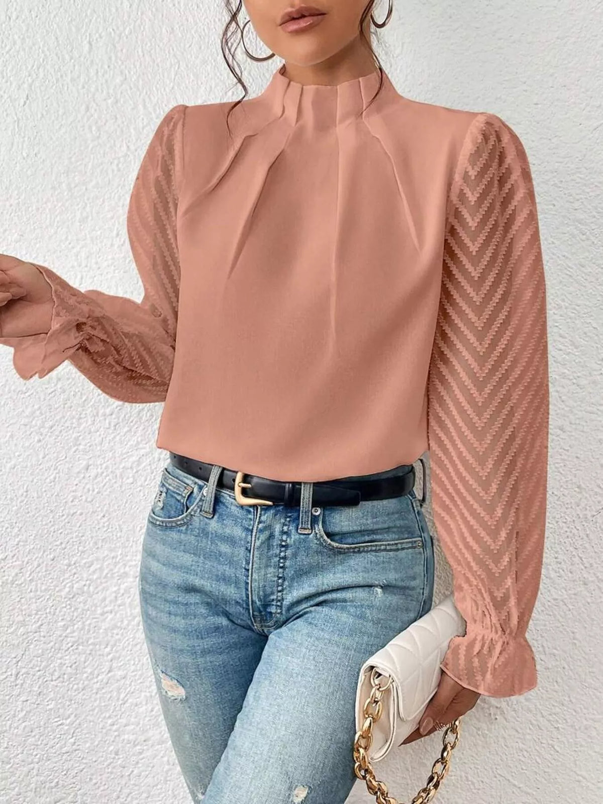 Mock Neck Sheer Lace Sleeve Blouse