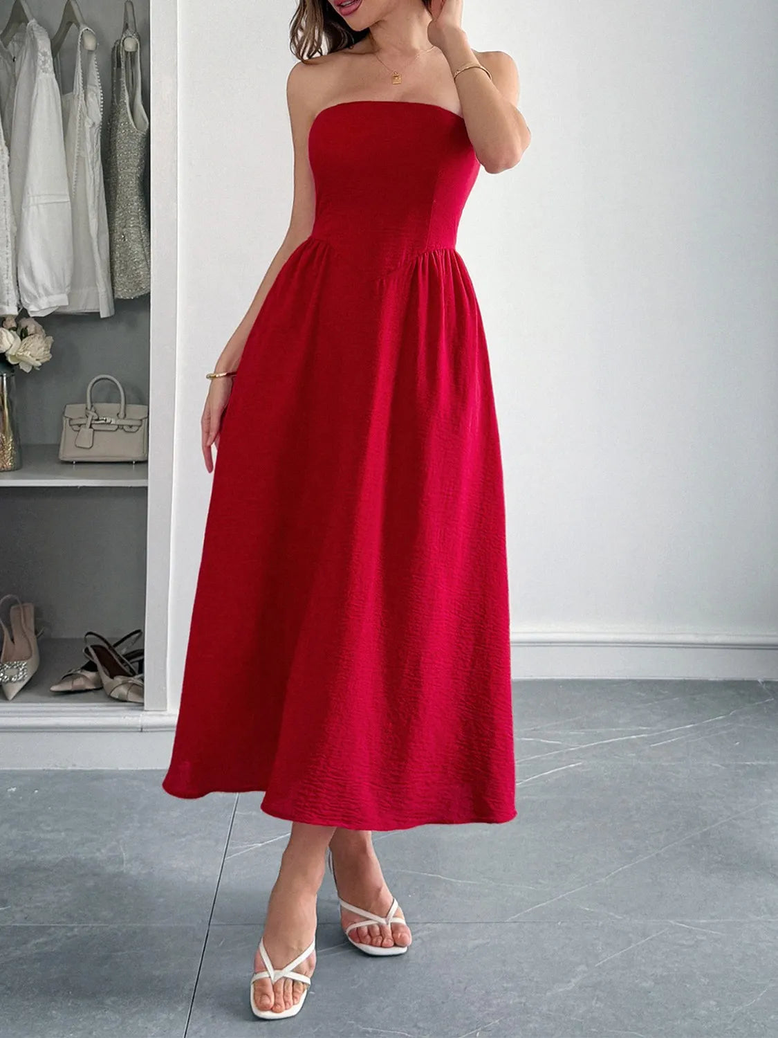 Strapless A-Line Midi Dress with Pockets - Ladyez