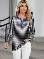 Striped Notched Long Sleeve T-Shirt - Ladyez