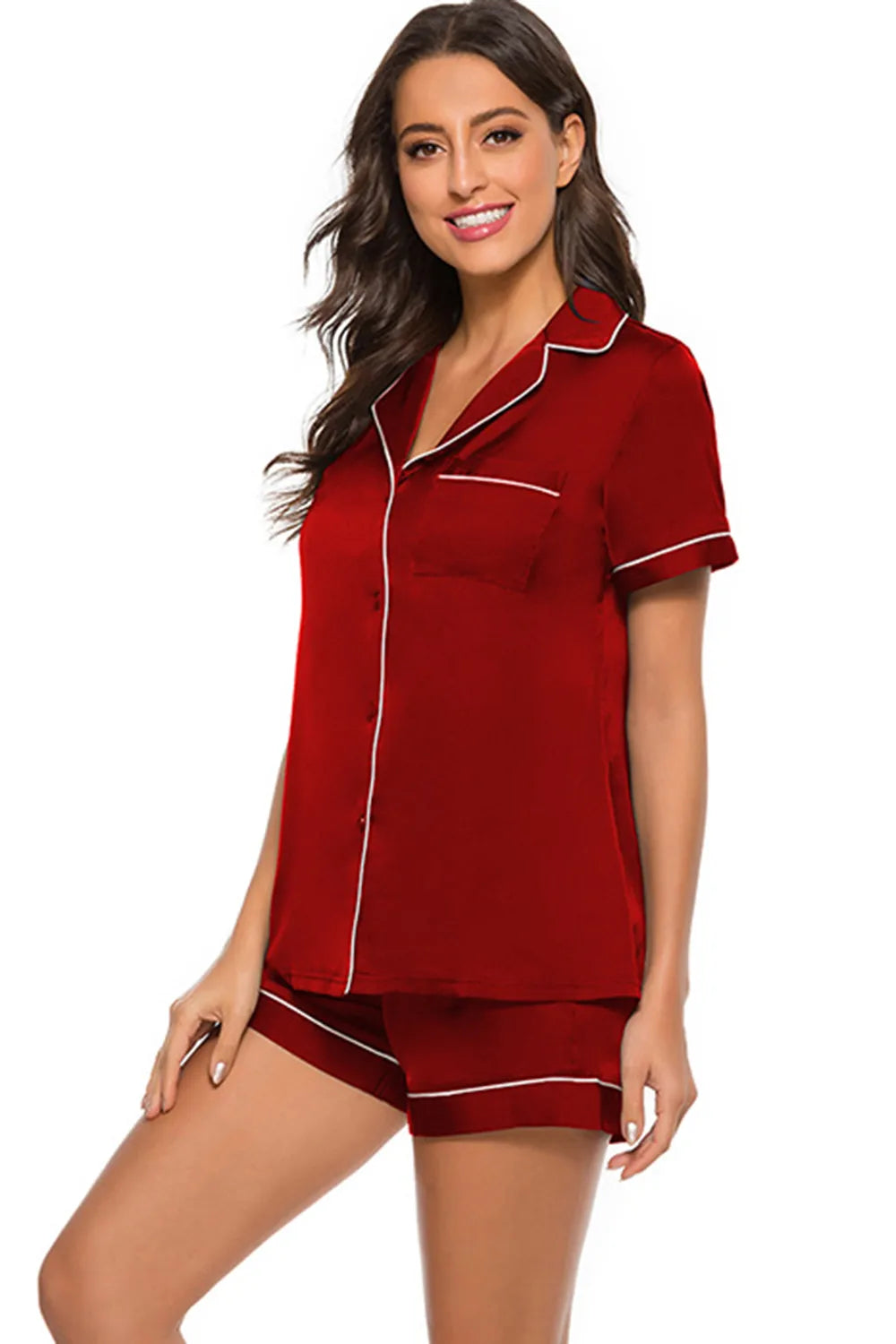 Printed Button Up Short Sleeve Top and Shorts Lounge Set - Ladyez