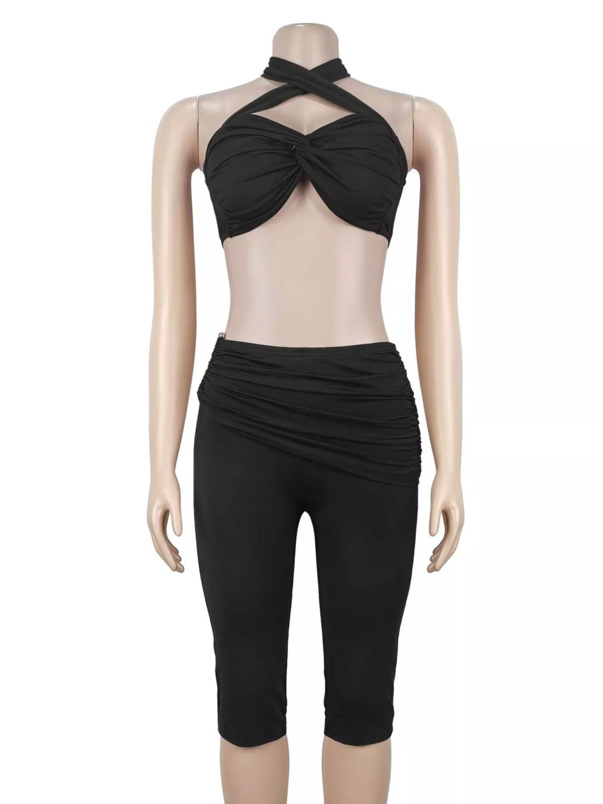 Halter Neck Twist Top and High-Waisted Ruched Capris Set