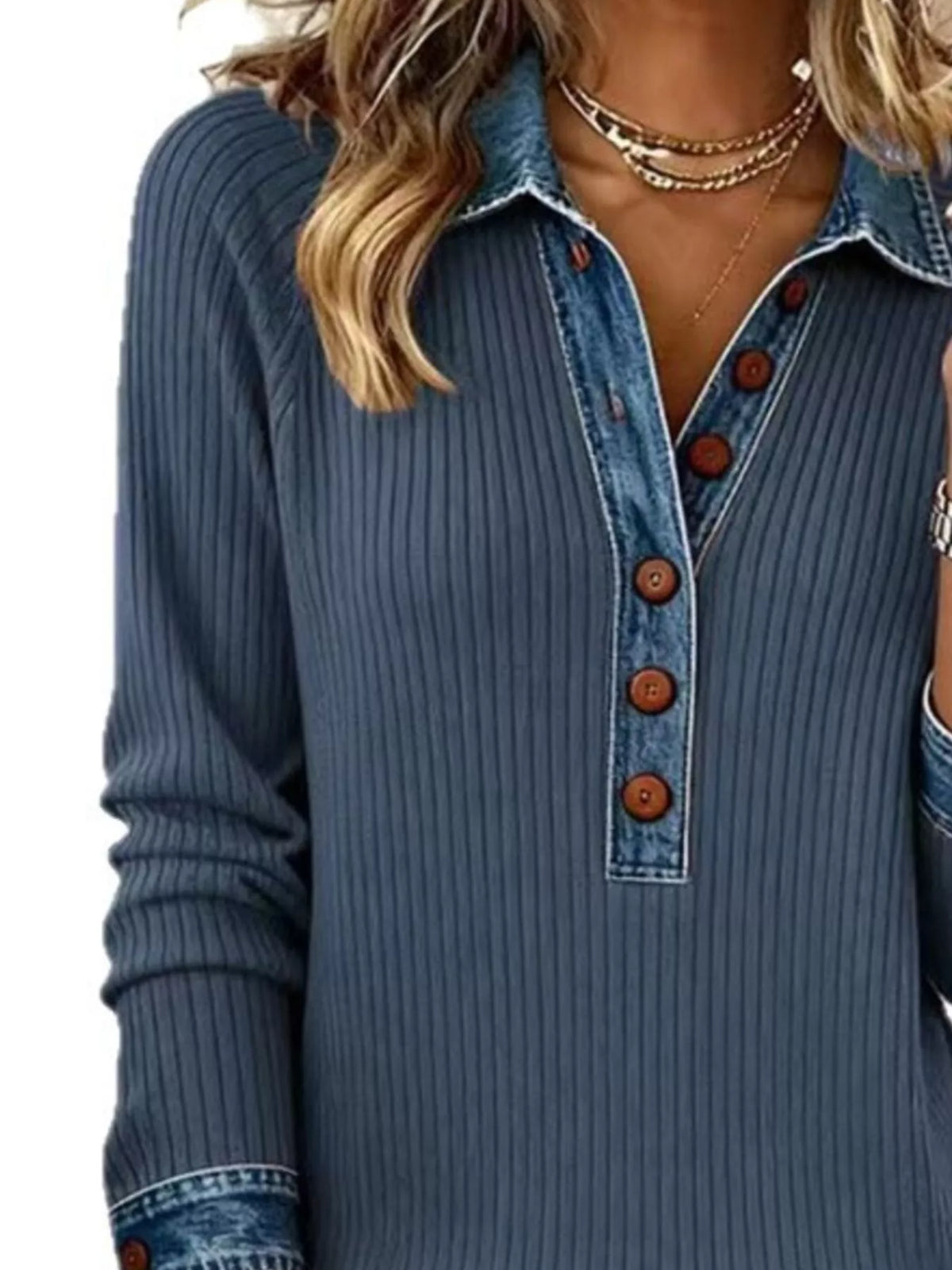 Full Size Denim Trim Button Front Ribbed Knit Top Plus Size