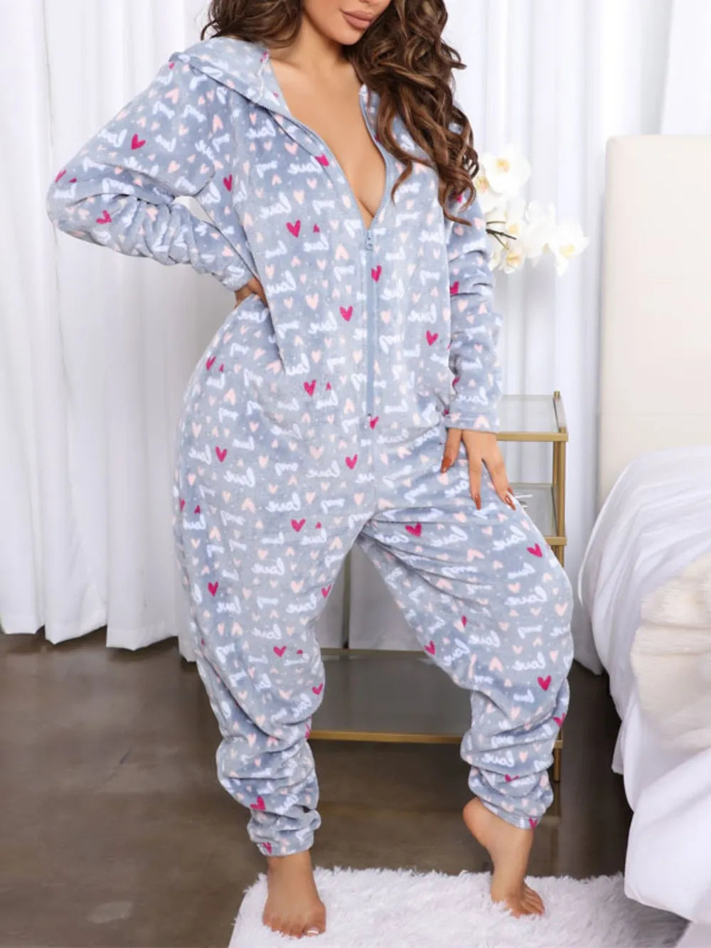 Printed Zip Up Long Sleeve Hooded Lounge Jumpsuit - Ladyez