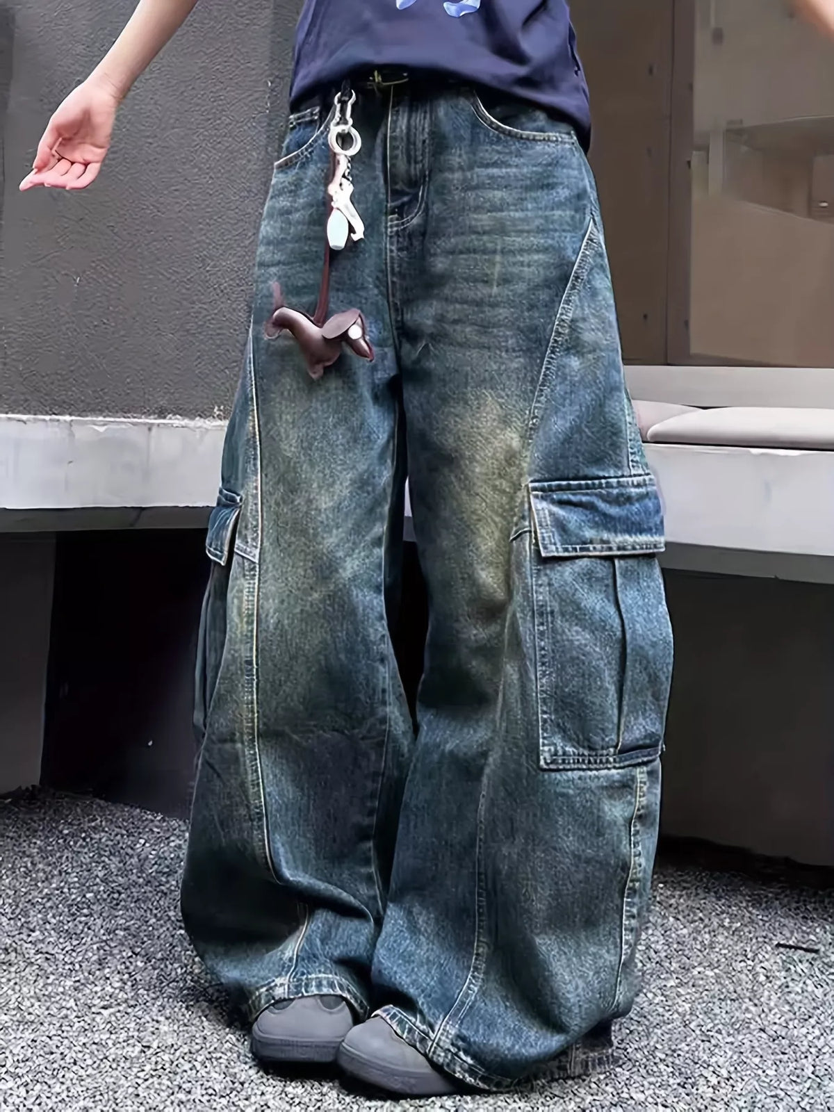 Vintage Wash Wide Leg Cargo Jeans