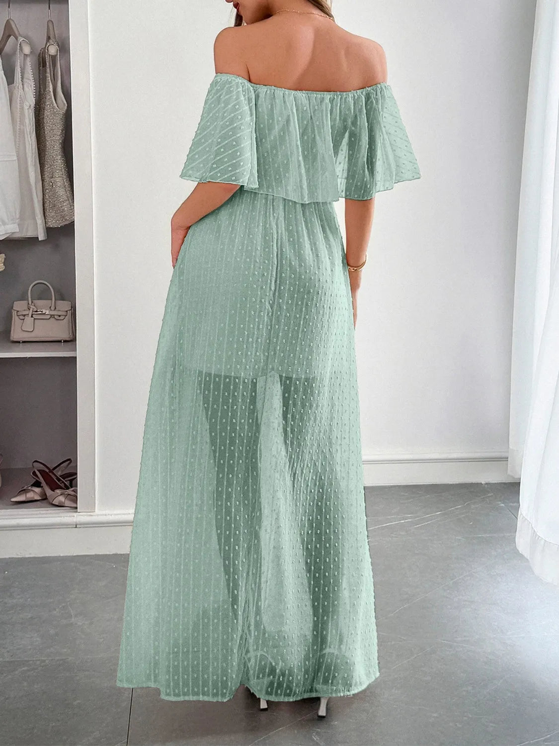 Swiss Dot Off Shoulder Maxi Dress - Ladyez