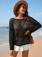 Openwork Slit Boat Neck Long Sleeve Cover-Up - Ladyez