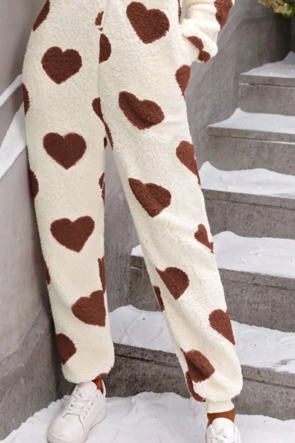 Fuzzy Heart Zip Up Hooded Lounge Jumpsuit - Ladyez