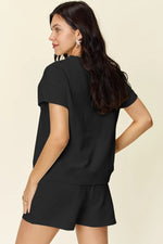 Double Take Full Size Texture Short Sleeve T-Shirt and Drawstring Shorts Set - Ladyez