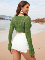 Drawstring Openwork Long Sleeve Cover-Up - Ladyez