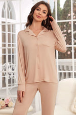 Button Up Long Sleeve Top and Pants Lounge Set - Ladyez