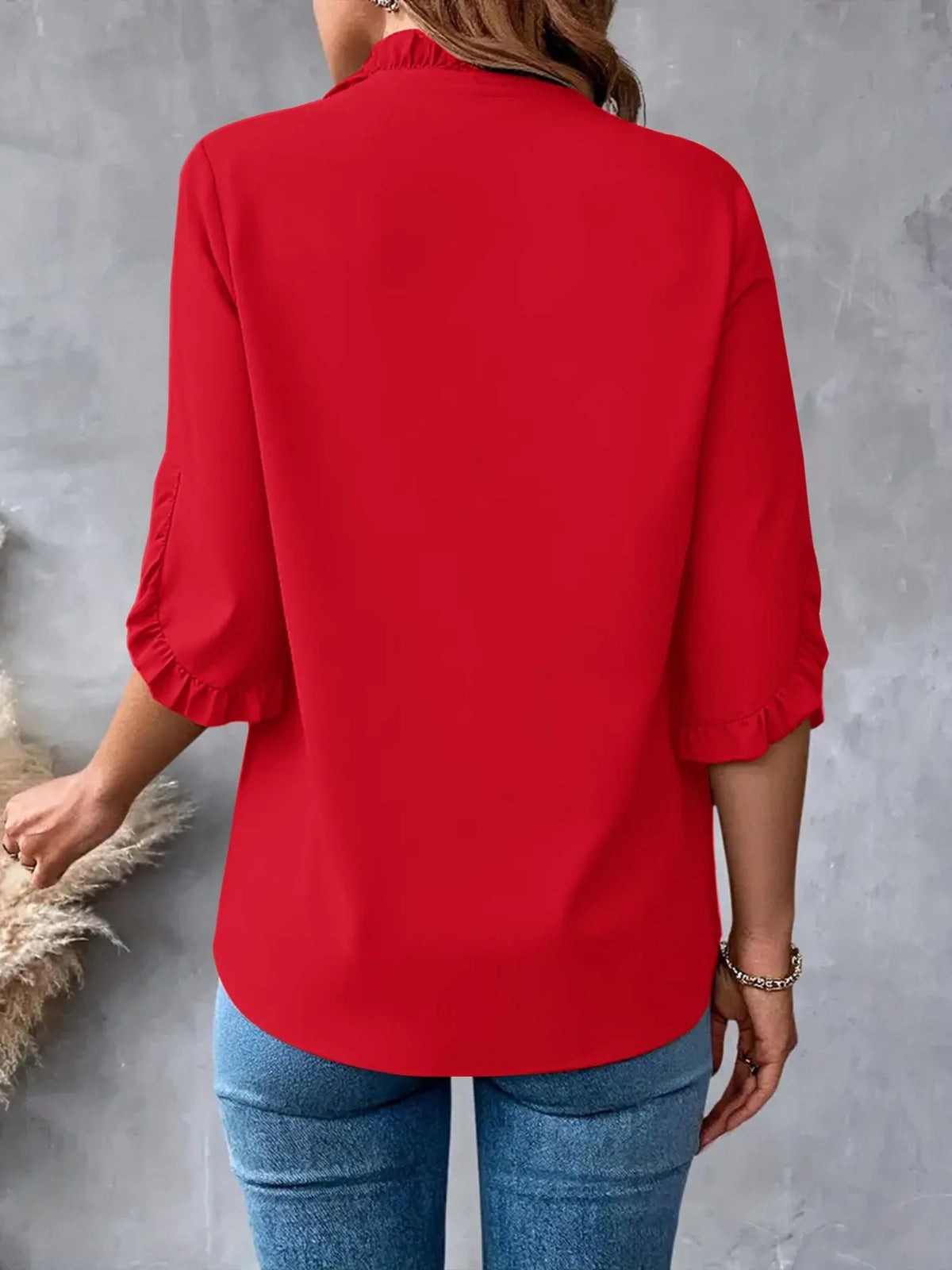 Ruffled V-Neck Short Sleeve Blouse - Ladyez